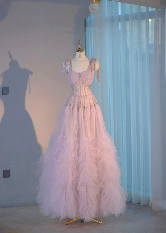 Robe de bal longue rose clair en tulle et perles, coupe trapèze, bretelles, MD7955