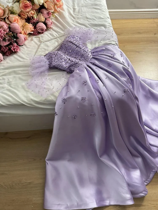 Robe de bal longue en satin lilas, coupe trapèze, manches longues, avec perles, MD7957