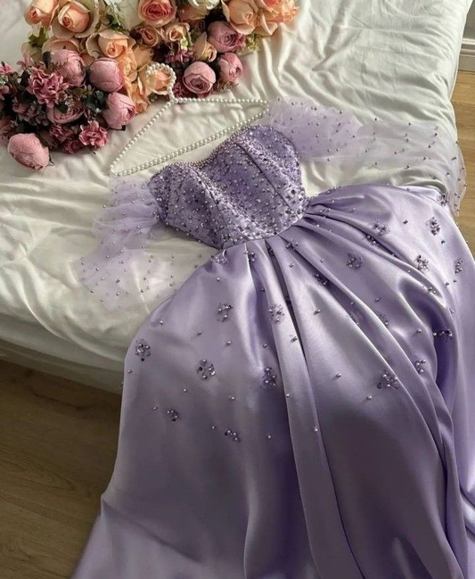 Robe de bal longue en satin lilas, coupe trapèze, manches longues, avec perles, MD7957