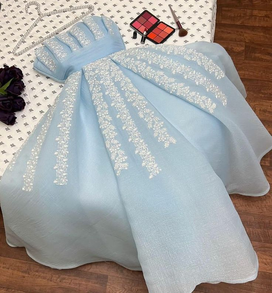 Blaues trägerloses A-Linien-Kleid aus Chiffon mit Applikationen, langes formelles Partykleid, MD7960