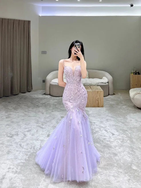 Robe de soirée longue sirène en tulle à bretelles lilas, MD7966