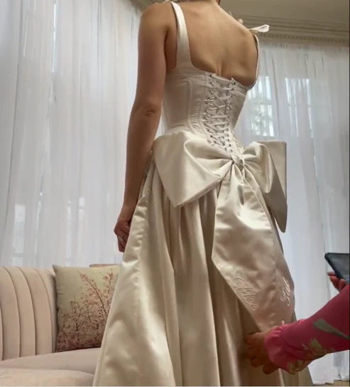 Spaghetti Straps A-Line Satin Simple Wedding Dress, MD7975