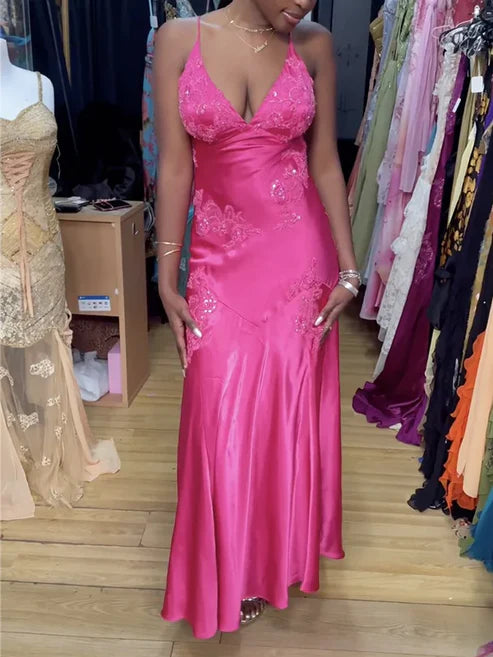Robe de bal longue en satin rose vif, dos nu, col V, MD7978