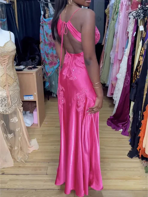 Robe de bal longue en satin rose vif, dos nu, col V, MD7978