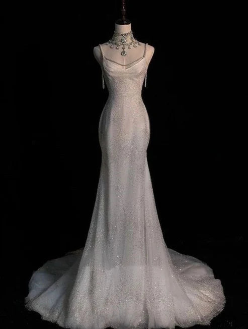 Stunning White Backless Mermaid Shiny Party Gown Wedding Dress, MD7991