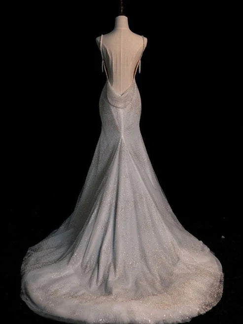Stunning White Backless Mermaid Shiny Party Gown Wedding Dress, MD7991