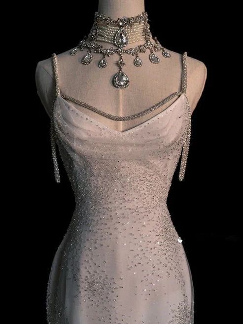 Stunning White Backless Mermaid Shiny Party Gown Wedding Dress, MD7991