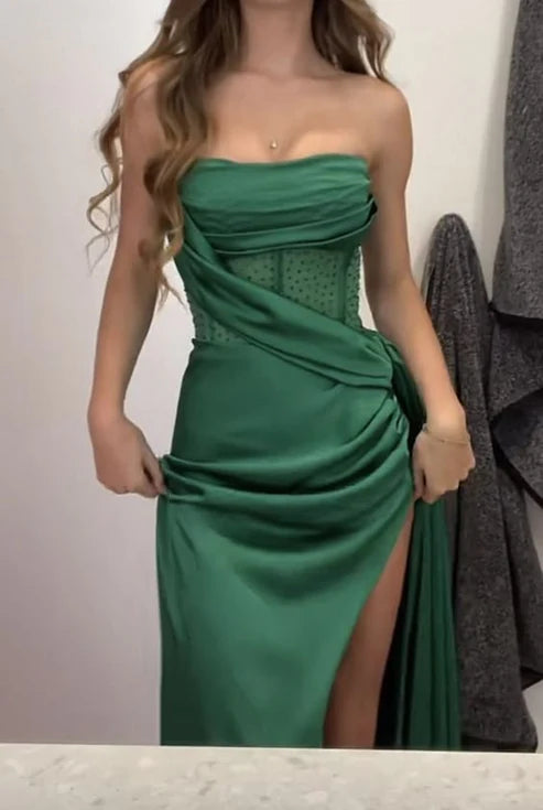 Robe de bal longue fendue en satin vert, sans bretelles, MD7992