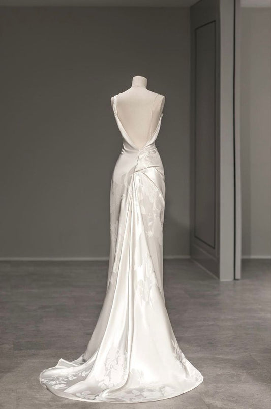 Robe de mariée élégante en satin, asymétrique, dos nu, style sirène, MD7998