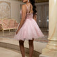 Fashionable Homecoming Dress Spaghetti Strap V Neck Sequins Tulle Applique Back to School Outfits Party Dress D7872