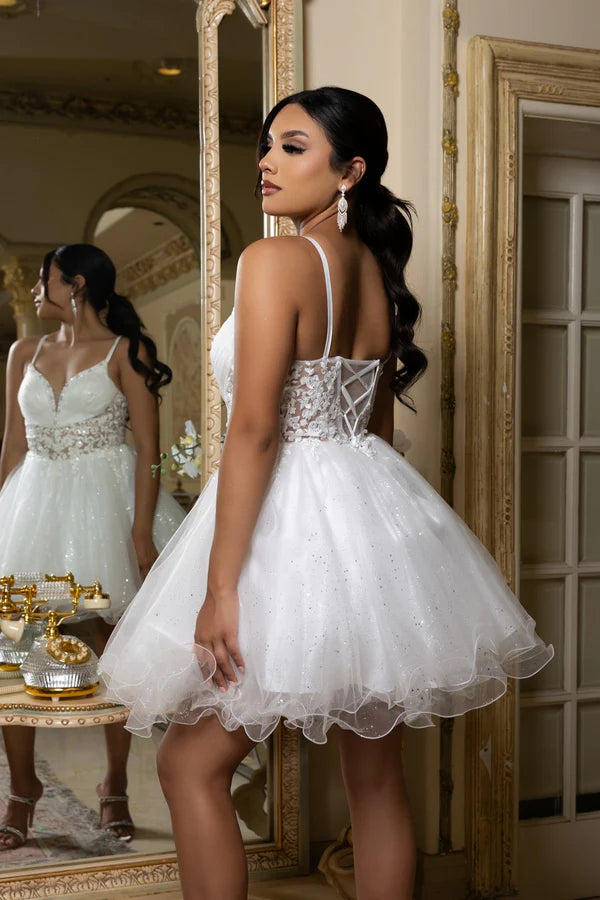 Fashionable Homecoming Dress Spaghetti Strap V Neck Sequins Tulle Applique Back to School Outfits Party Dress D7872