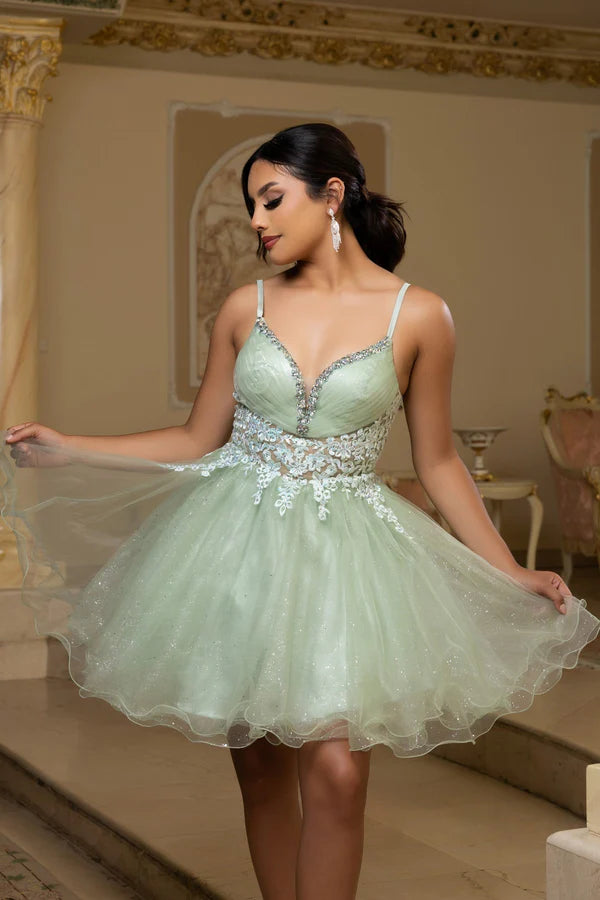 Fashionable Homecoming Dress Spaghetti Strap V Neck Sequins Tulle Applique Back to School Outfits Party Dress D7872