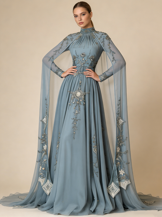 Modest Blue High Neck A-Line Beading Long Prom Dress Formal Evening Gown, D831