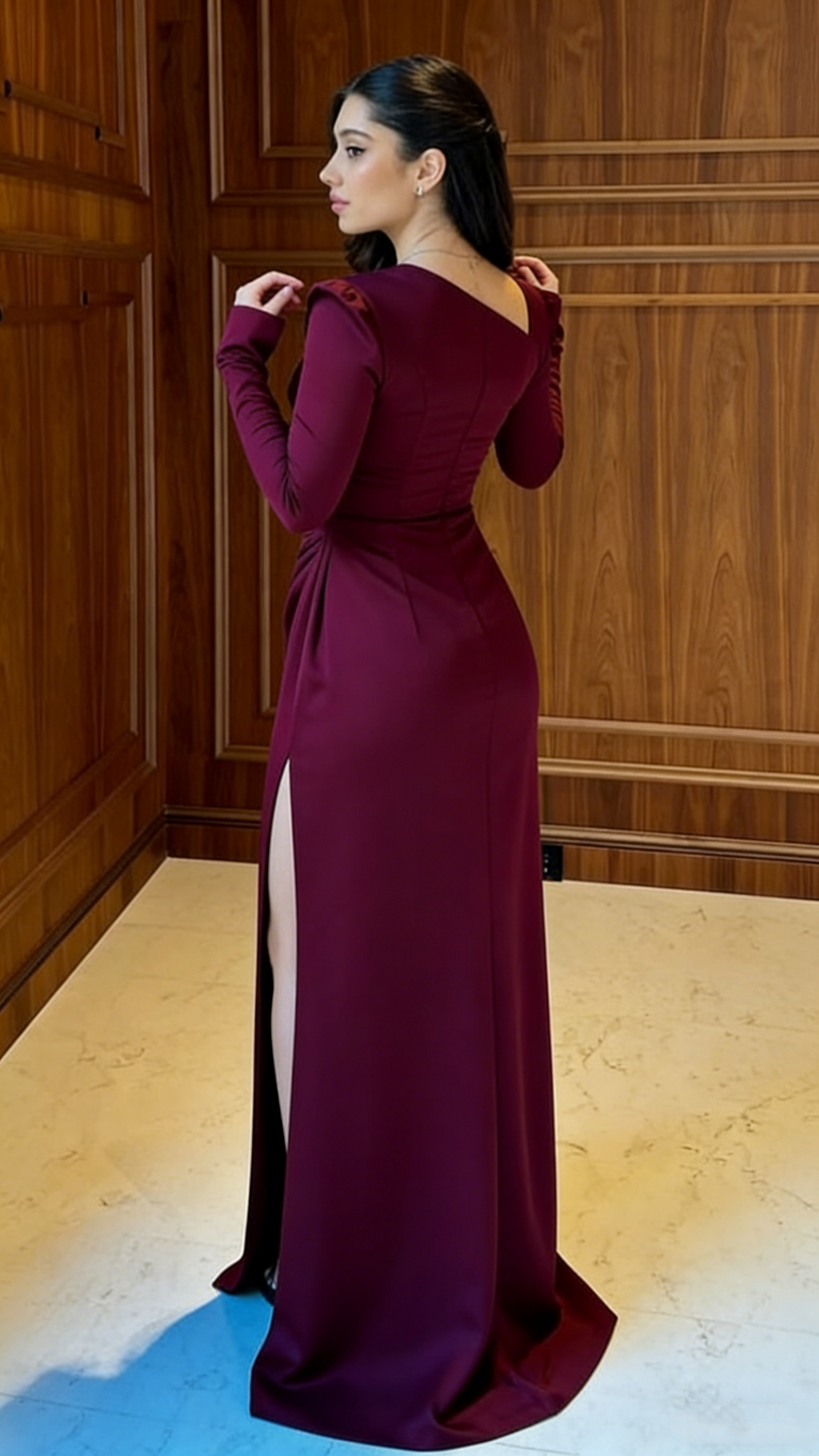 Schlichtes dunkelviolettes langes Partykleid mit langen Ärmeln, Abendkleid MD7747