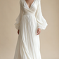 Schlichtes weißes A-Linien-Chiffon-Vintage-Abendkleid mit V-Ausschnitt, langes Partykleid, D867
