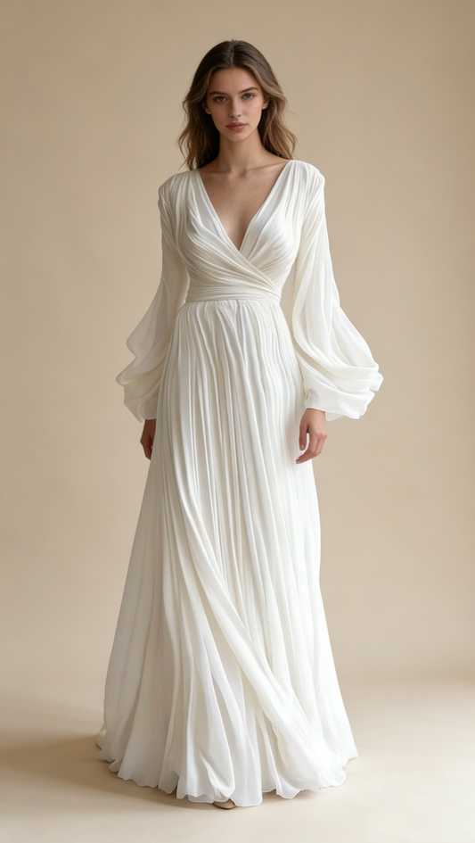 Schlichtes weißes A-Linien-Chiffon-Vintage-Abendkleid mit V-Ausschnitt, langes Partykleid, D867