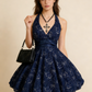 Navy Blue Halter A-Line Lace Midi Length Party Dresses Cocktail Dresses Homecoming Dress, D1221