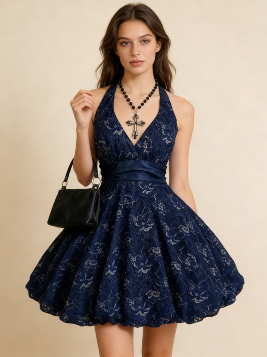 Robe de soirée bleu marine dos nu, coupe trapèze, en dentelle, longueur midi, modèle D1221