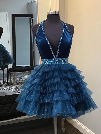 Stunning Homecoming Dress Halter Beaded Sequins Tulle V Neck Cascade Back to School Outfits Party Dress D7937