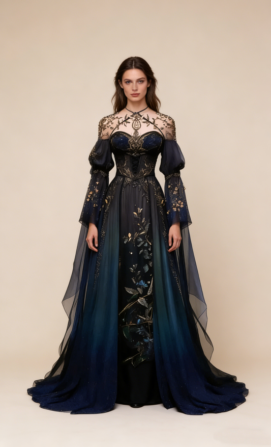 Marineblaues, langes, formelles Ballkleid in A-Linie mit langen Ärmeln und Applikationen, D56