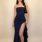Navy Blue Strapless Sheath Long Party Dress with Split MD7811