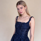 Navy Blue Straps A-Line Lace Long Prom Dress Evening Gown MD7844