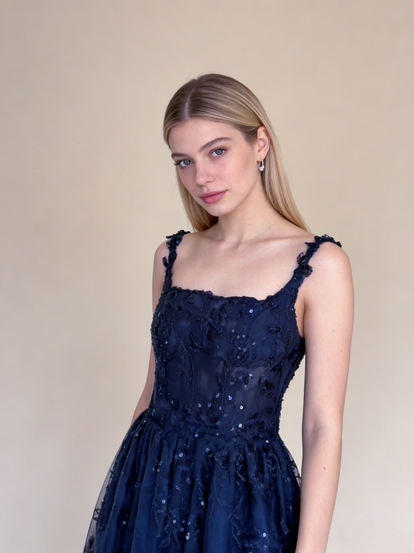 Navy Blue Straps A-Line Lace Long Prom Dress Evening Gown MD7844