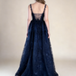 Navy Blue Straps A-Line Lace Long Prom Dress Evening Gown MD7844