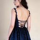 Navy Blue Straps A-Line Lace Long Prom Dress Evening Gown MD7844