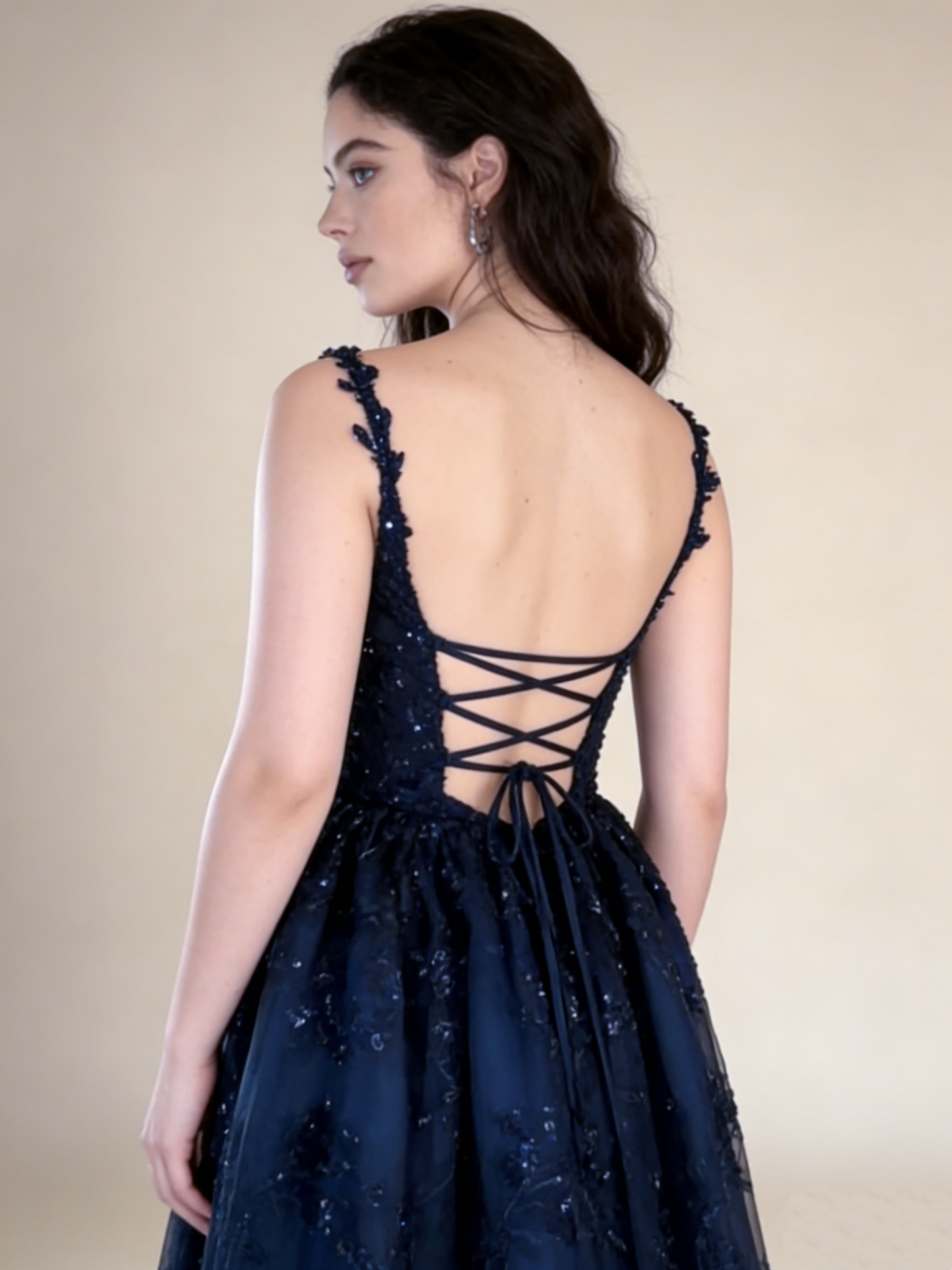 Navy Blue Straps A-Line Lace Long Prom Dress Evening Gown MD7844