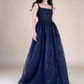 Navy Blue Straps A-Line Lace Long Prom Dress Evening Gown MD7844