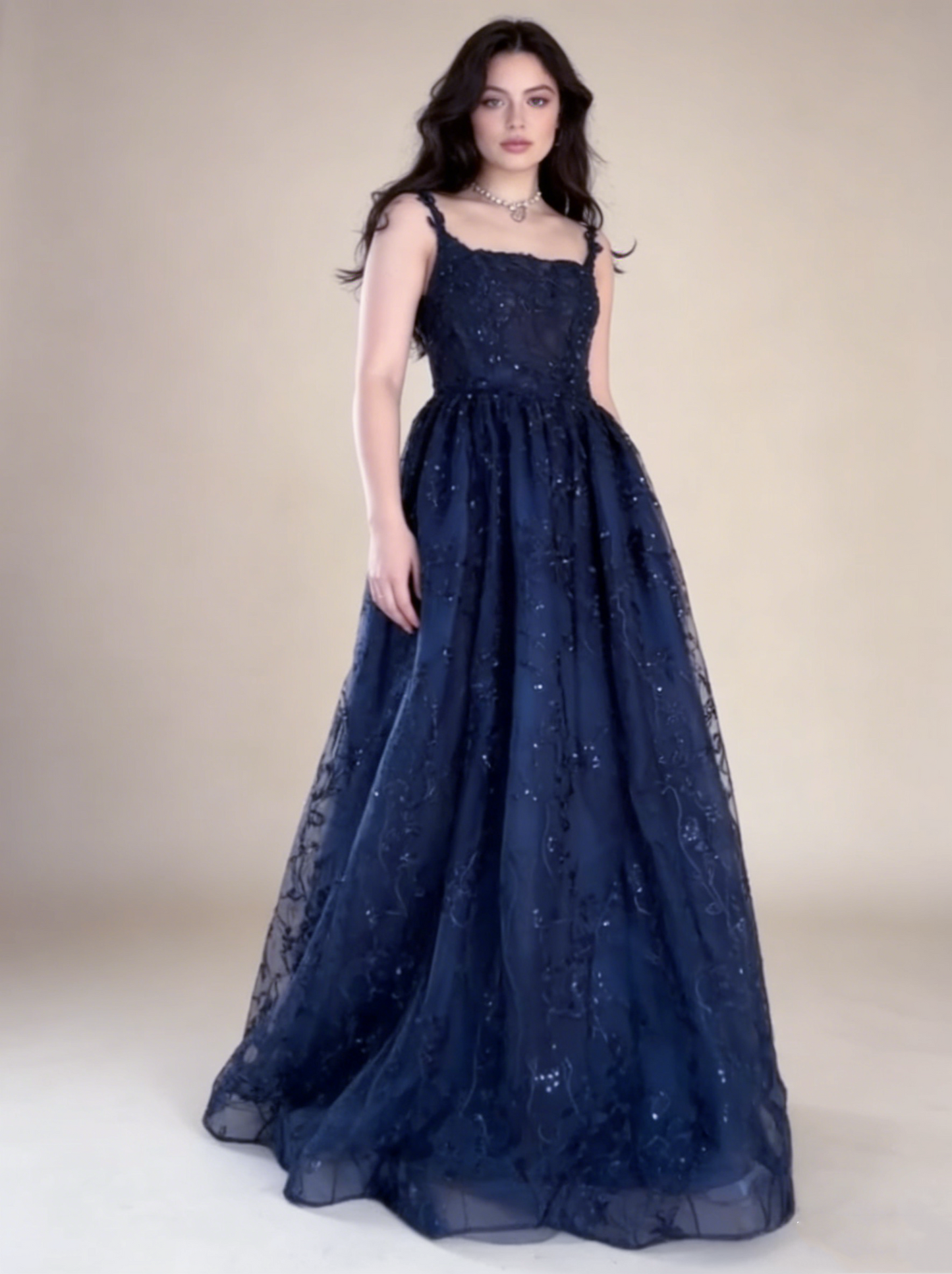 Navy Blue Straps A-Line Lace Long Prom Dress Evening Gown MD7844