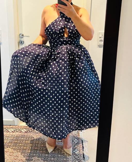 Navy Halter A-Line Backless Polka Dots Long Party Dress, D175