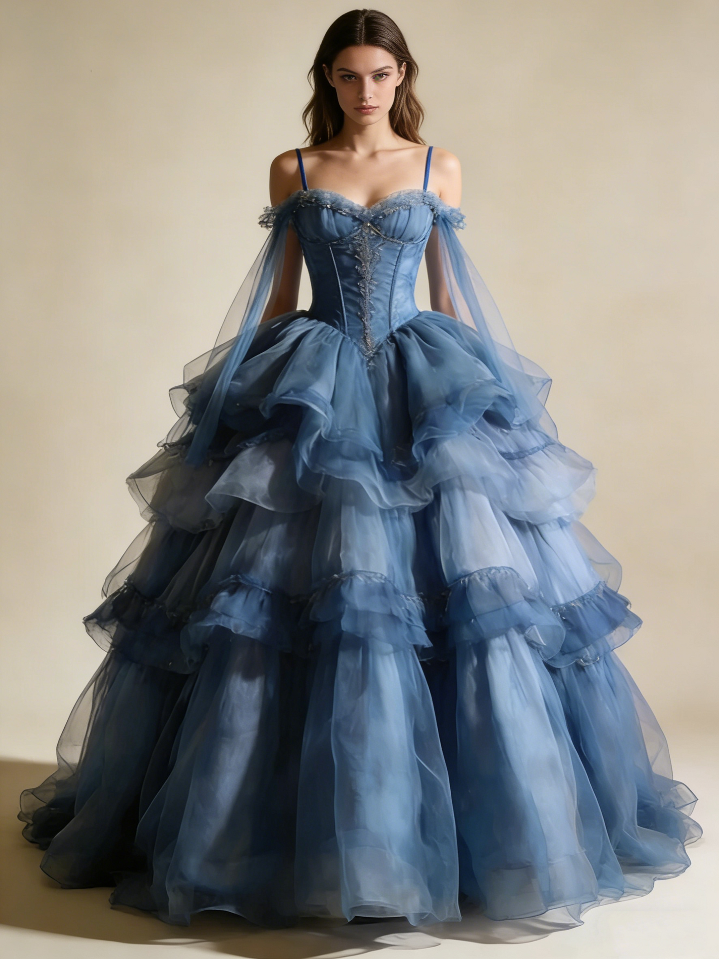 New Arrial Ball Gown Blue Spaghetti Straps Pleated Tulle Prom Dresses Quinceanera Dress Evening Gala Gown      D4793