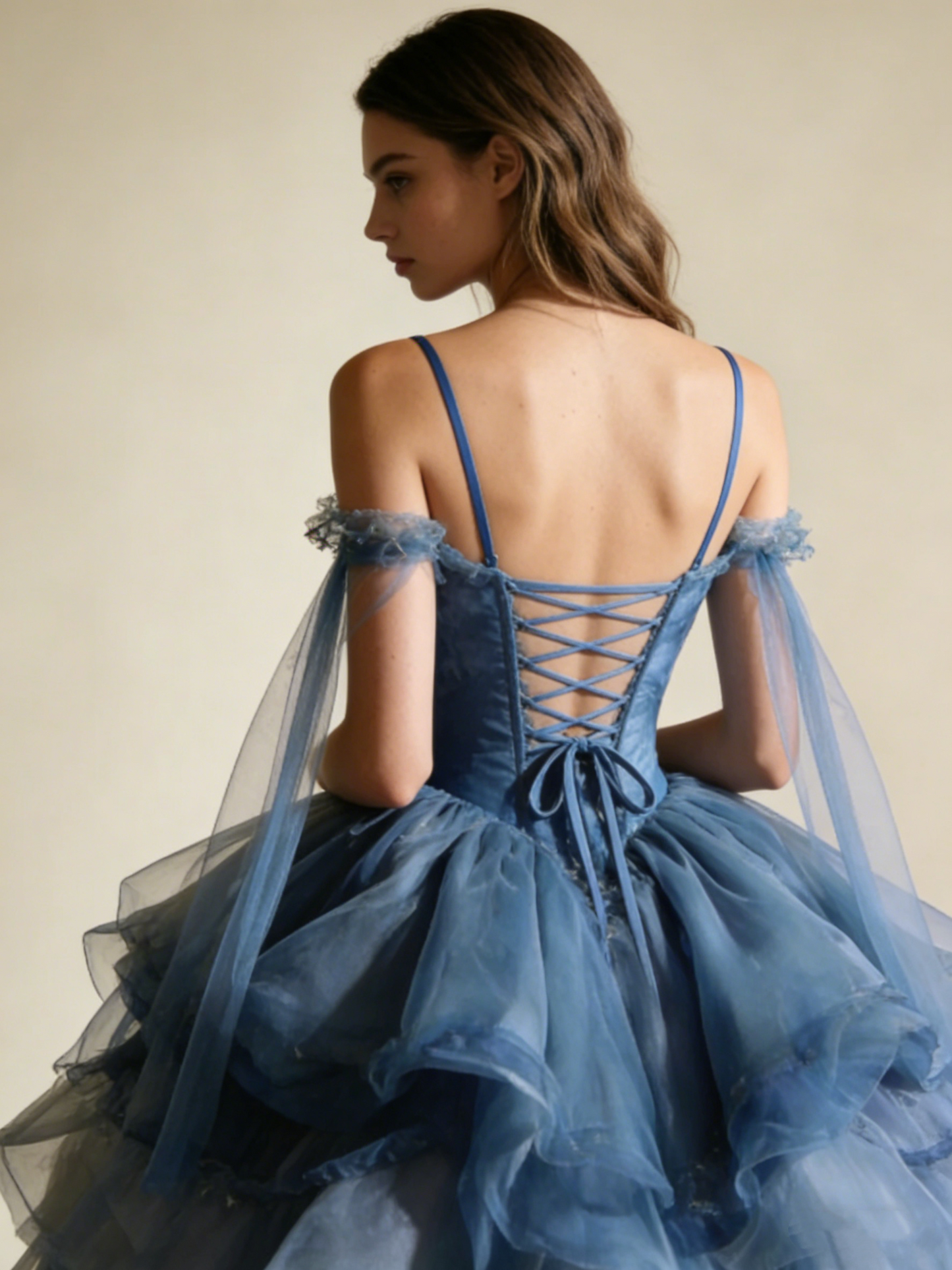 New Arrial Ball Gown Blue Spaghetti Straps Pleated Tulle Prom Dresses Quinceanera Dress Evening Gala Gown      D4793
