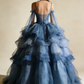 New Arrial Ball Gown Blue Spaghetti Straps Pleated Tulle Prom Dresses Quinceanera Dress Evening Gala Gown      D4793