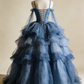 New Arrial Ball Gown Blue Spaghetti Straps Pleated Tulle Prom Dresses Quinceanera Dress Evening Gala Gown      D4793