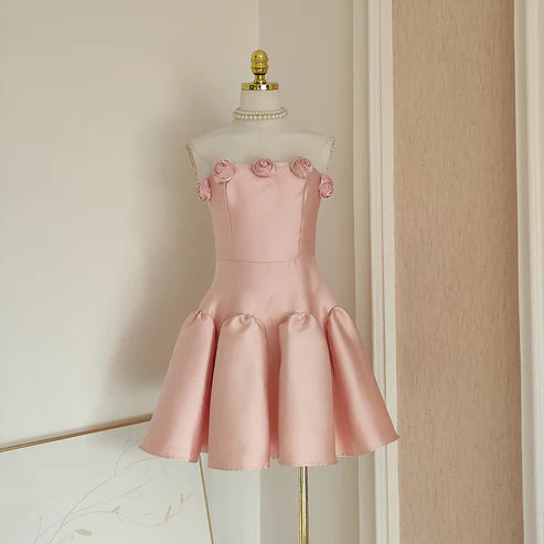 Retro Pink 3D Flowers Design A-line Strapless Satin Mini Party Dress Homecoming Dress D1523