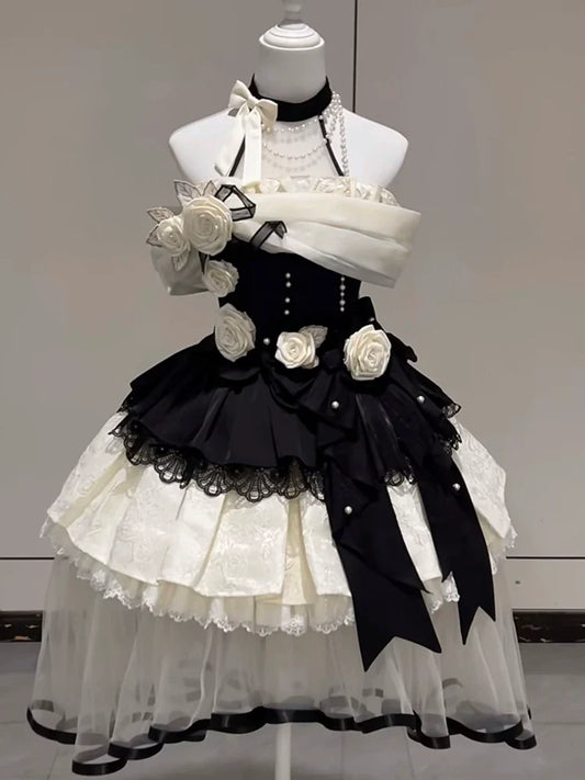 Unique Homecoming Dress Halter Flower Pearl Lace Tulle Cascade Bowknot Back to School Outfits Party Dress  D7718