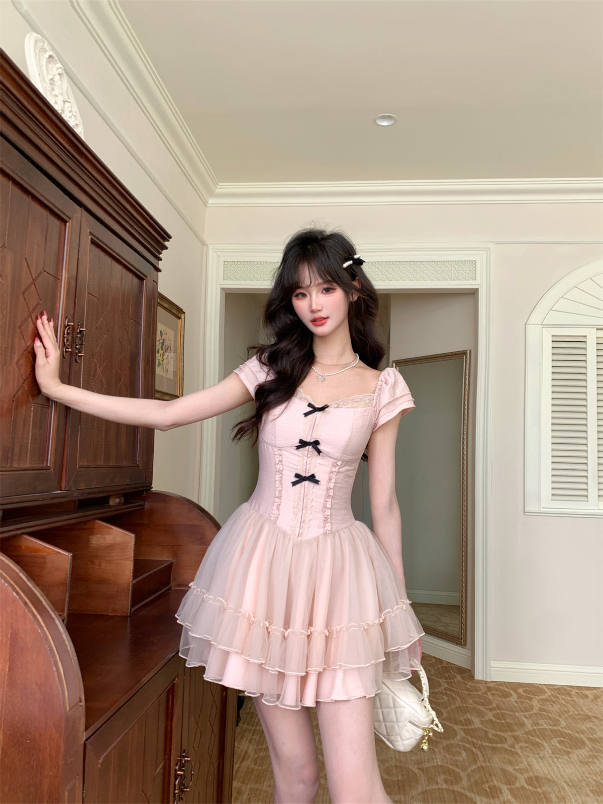 Cute Suqare Neckline Lace Tiered Draped Short Prom Dress Homecoming Dress with Bowknot  D1754
