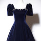 A-Line Dark Blue Velvet Long Prom Dress, Blue Formal Evening Dress MD7171
