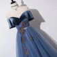 A-Line Off Shoulder Tulle Gray Blue Long Prom Dress, Blue Formal Dress  MD7167