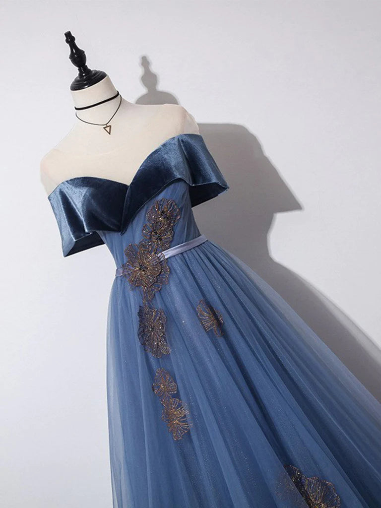 A-Line Off Shoulder Tulle Gray Blue Long Prom Dress, Blue Formal Dress  MD7167