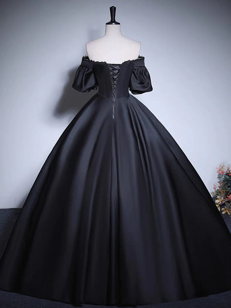 Black A-Line Satin Long Prom Dress, Black Satin Long Formal Dress MD7172