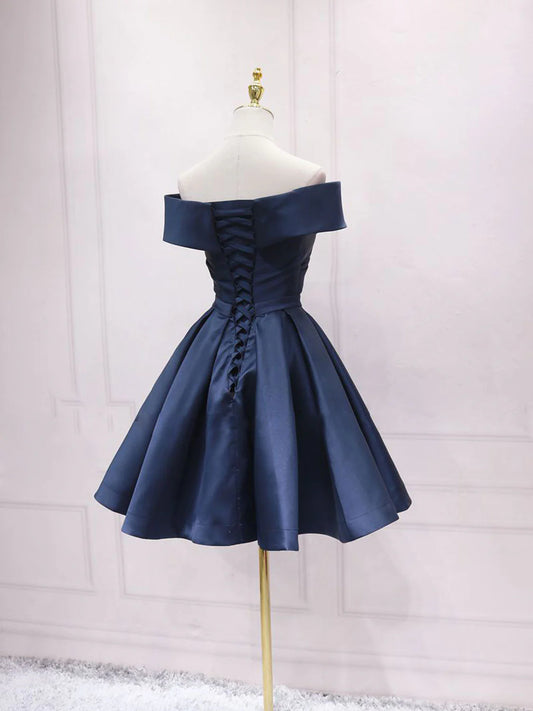 Retro Navy Blue Off-the-shoulder Design A-line Satin Party Dress Homecoming Dress D1540