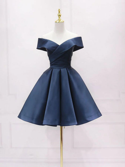 Retro Navy Blue Off-the-shoulder Design A-line Satin Party Dress Homecoming Dress D1540