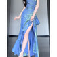 Vintage Blue Spaghetti Strap Ruffle Design Elegant A-line Satin Evening Dress Prom Dress D1597