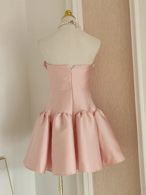 Retro Pink 3D Flowers Design A-line Strapless Satin Mini Party Dress Homecoming Dress D1523
