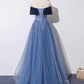 A-Line Off Shoulder Tulle Gray Blue Long Prom Dress, Blue Formal Dress  MD7167