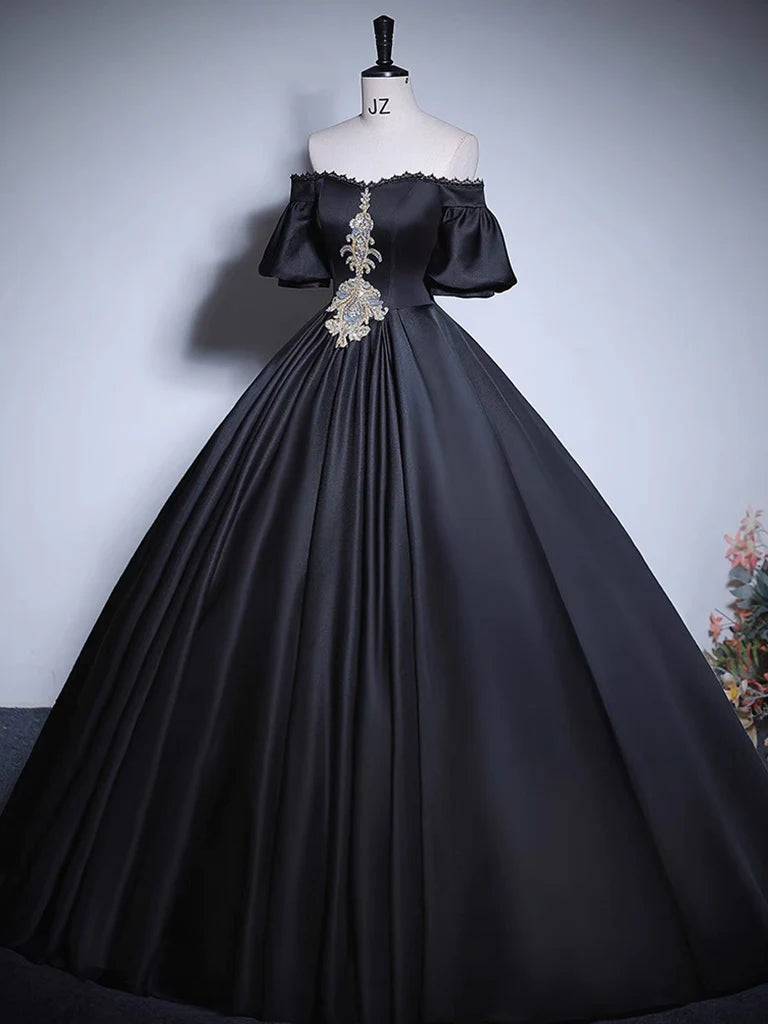 Black A-Line Satin Long Prom Dress, Black Satin Long Formal Dress MD7172